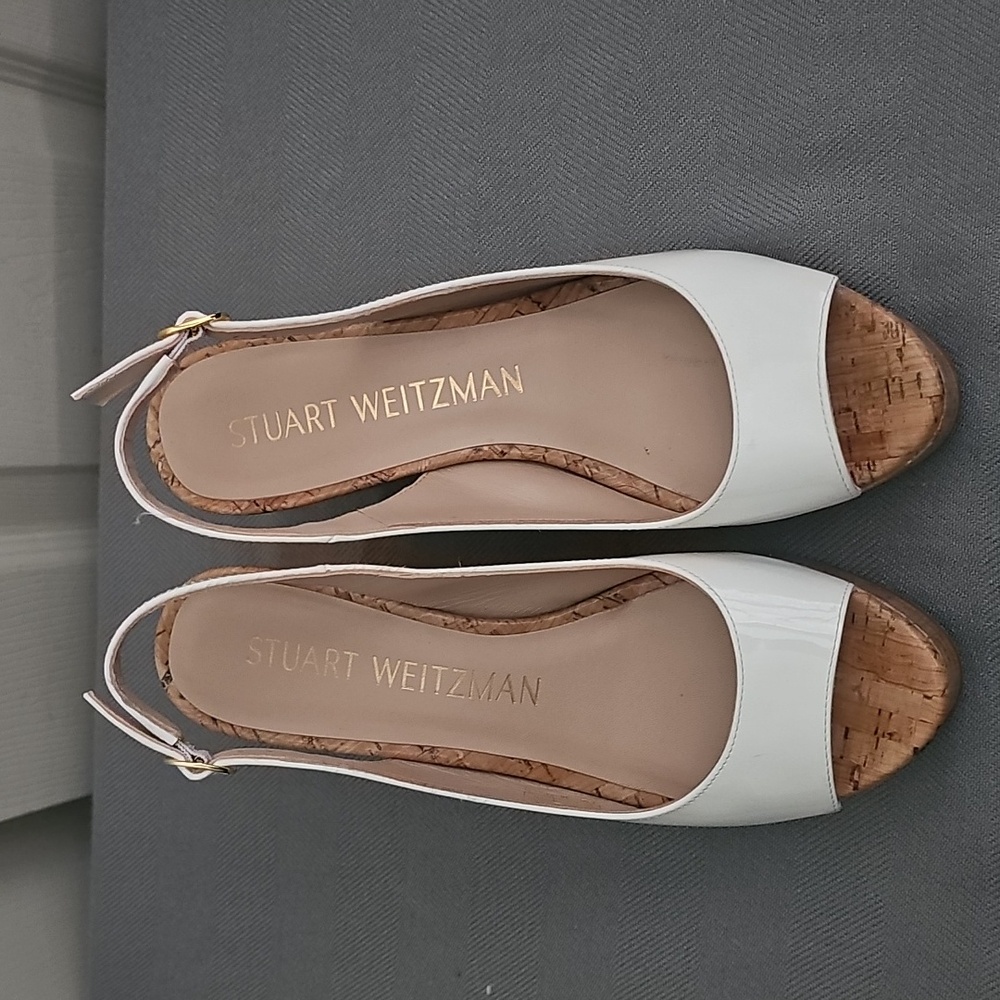 Stuart Weitzman white Leather Rinna Wedge Peep-toe Sling Back Sandals 7.5